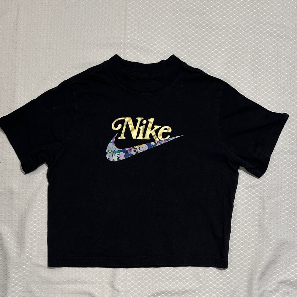 Nike Black cropped Tee with Floral Logo and metallic gold